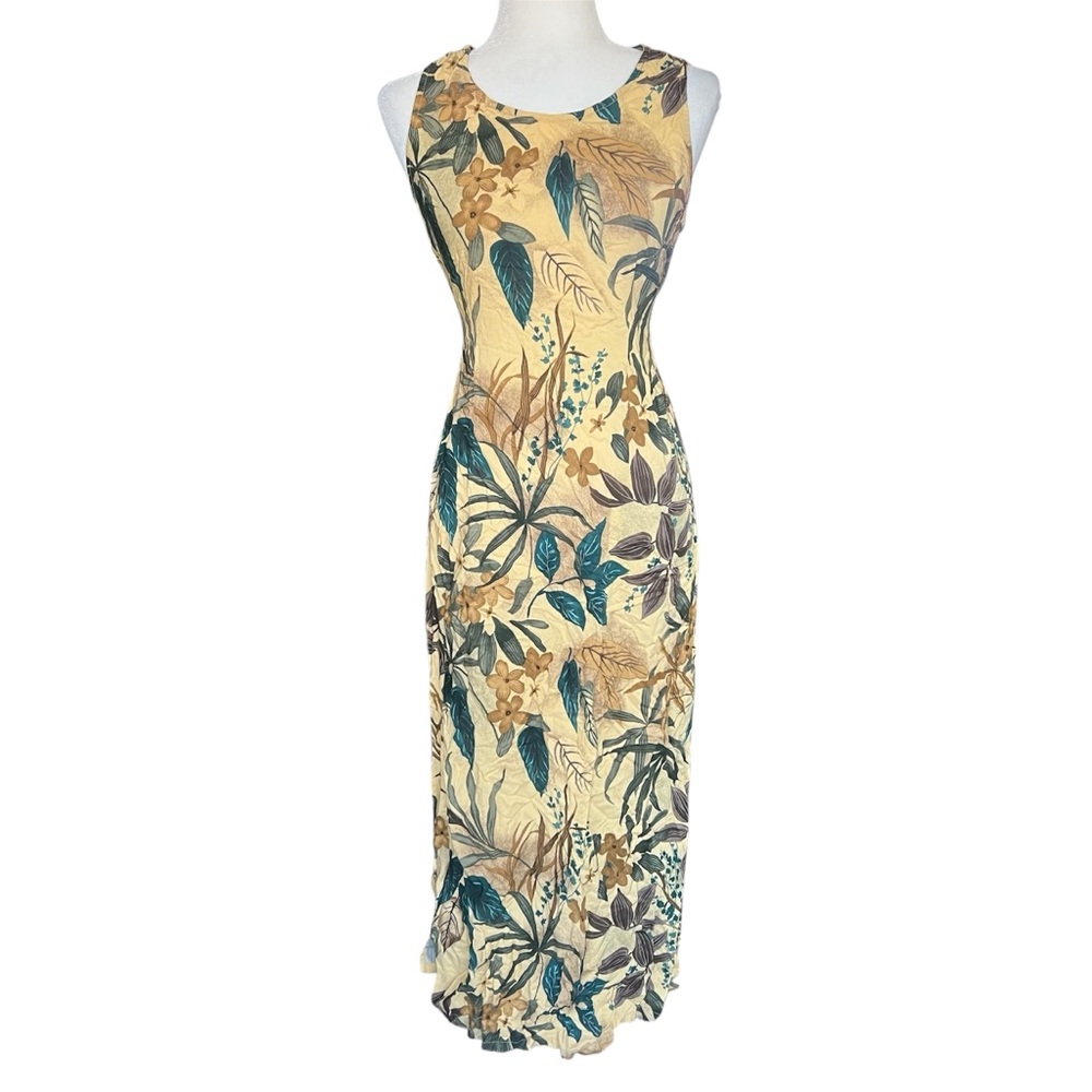 Requirements vintage 90's tropical botanical floral sleeveless tan maxi dress M